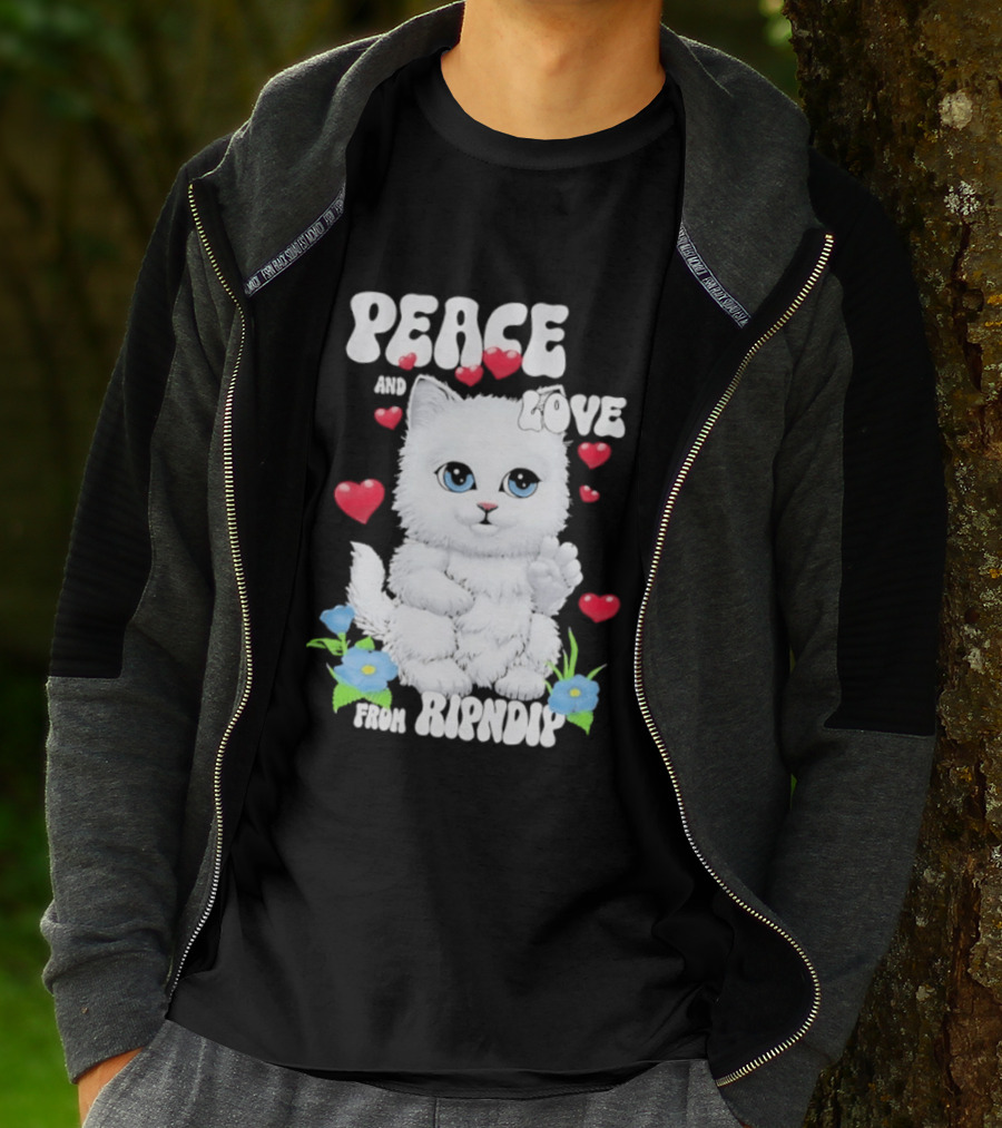 Peace And Love Ripndip Cat Kitten Hearts And Flowers T-Shirt