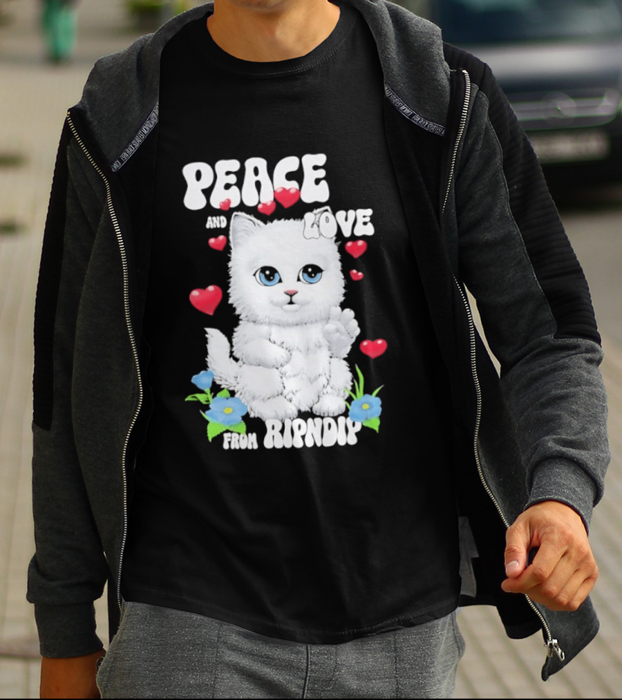 Peace And Love Ripndip Cat Kitten Hearts And Flowers T-Shirt