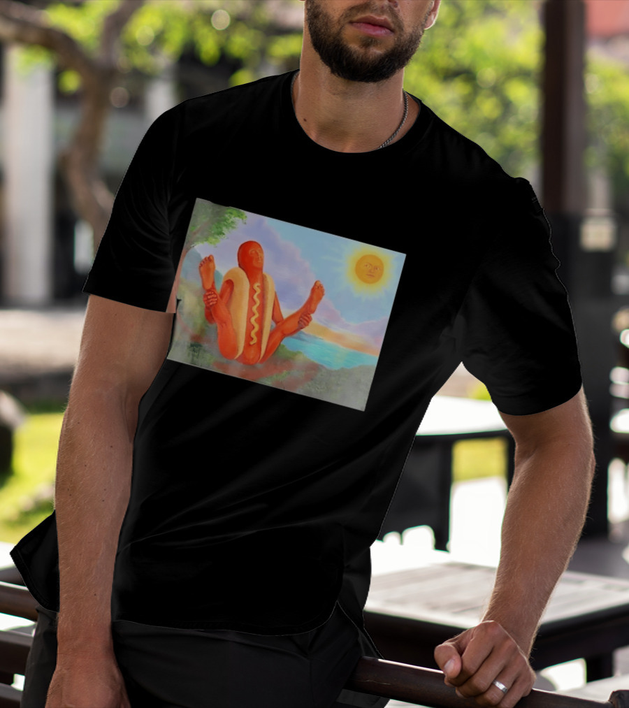 Surreal Hot Dog Doing Yoga At Sunrise With Smiling Sun T-Shirt