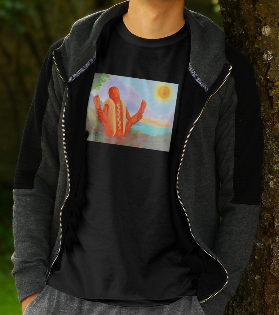 Surreal Hot Dog Doing Yoga At Sunrise With Smiling Sun T-Shirt
