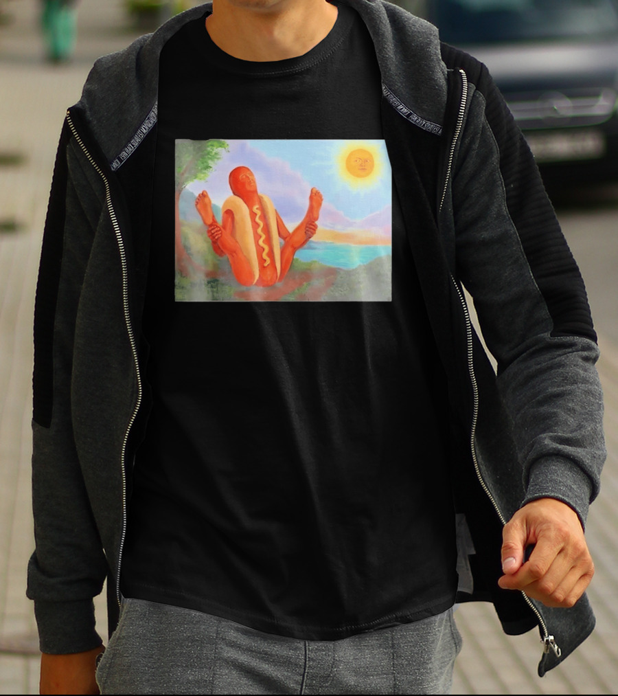 Surreal Hot Dog Doing Yoga At Sunrise With Smiling Sun T-Shirt