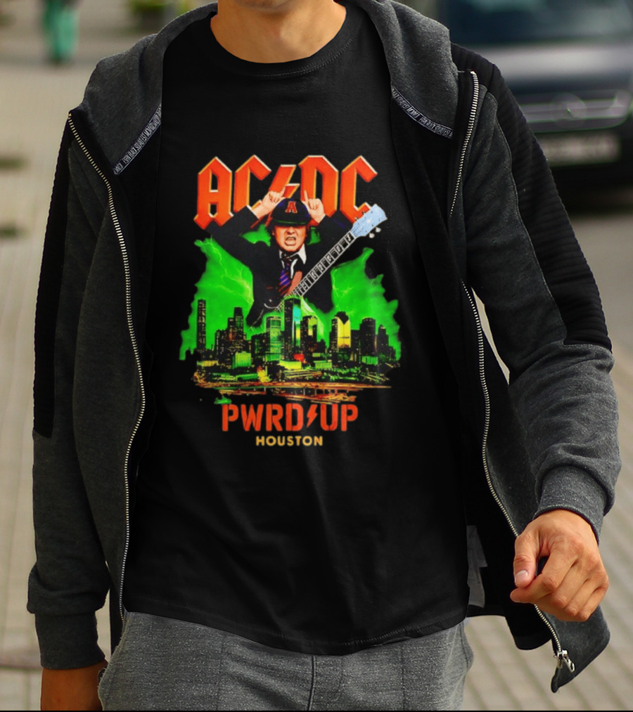 AC DC Angus Young Pwr Up Houston Hard Rock Skyline Electric Guitar T-Shirt