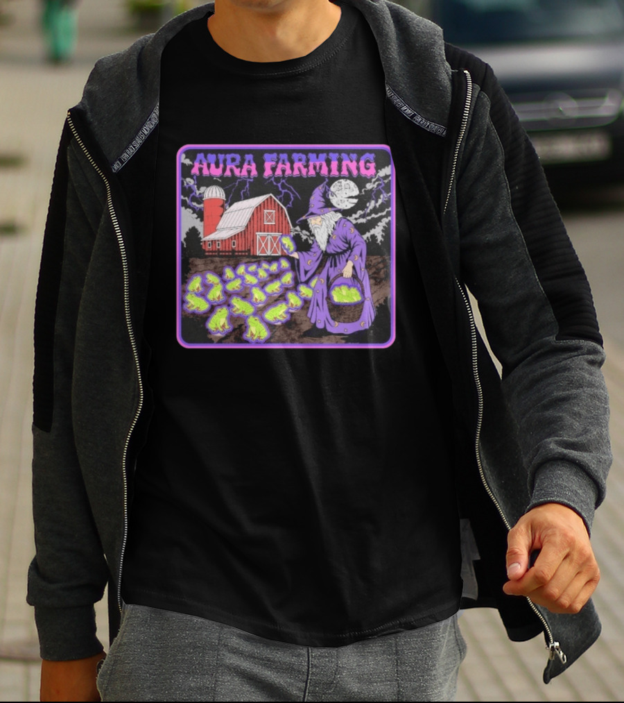 Aura Farming Moonlit Sorcerer Harvests Glowing Frogs Barn Wizard Magic T-Shirt