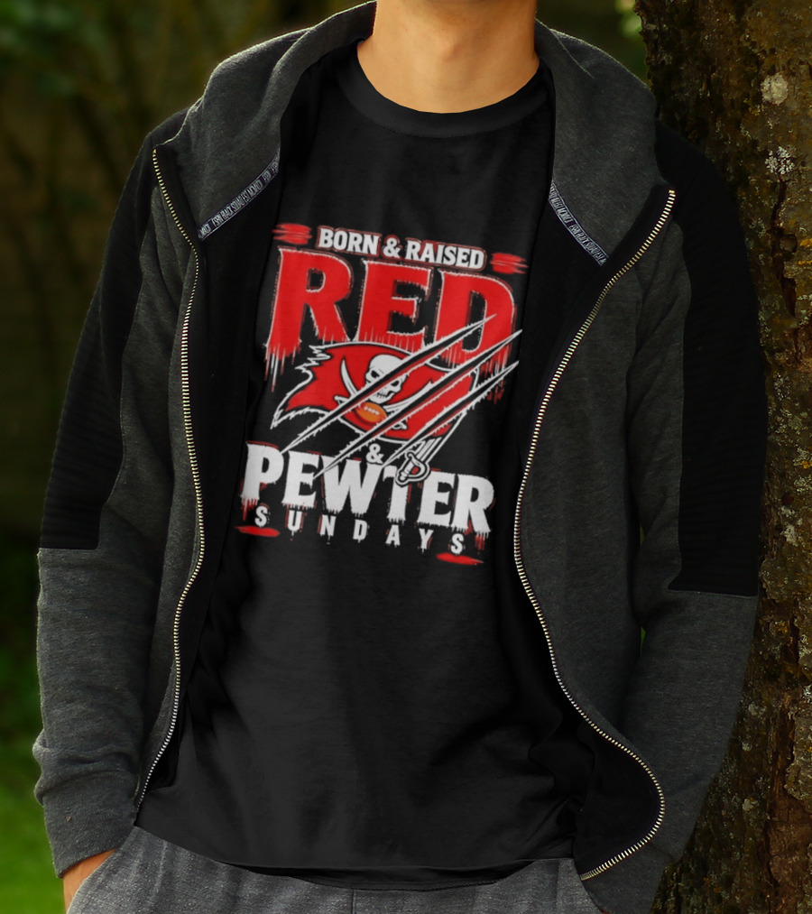 Born & Raised Red & Pewter Sundays Tampa Bay Buccaneers Fan Gear T-Shirt