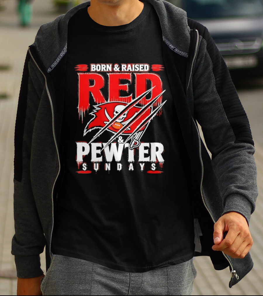 Born & Raised Red & Pewter Sundays Tampa Bay Buccaneers Fan Gear T-Shirt