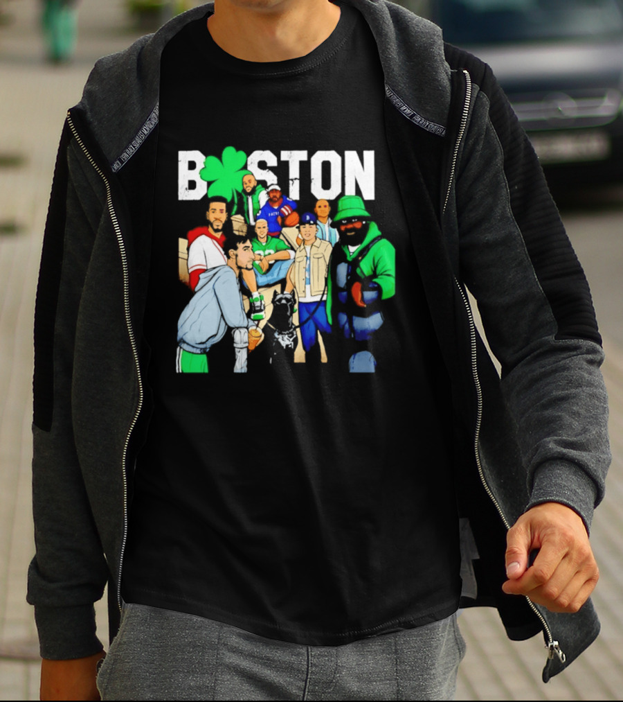 Boston Green Clover Sports Fan Characters Distressed Look T-Shirt