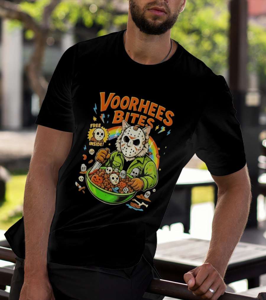 Voorhees Bites Jason Voorhees Cat Cereal Horror Mask Rainbow Feline Bowl Skeletons T-Shirt