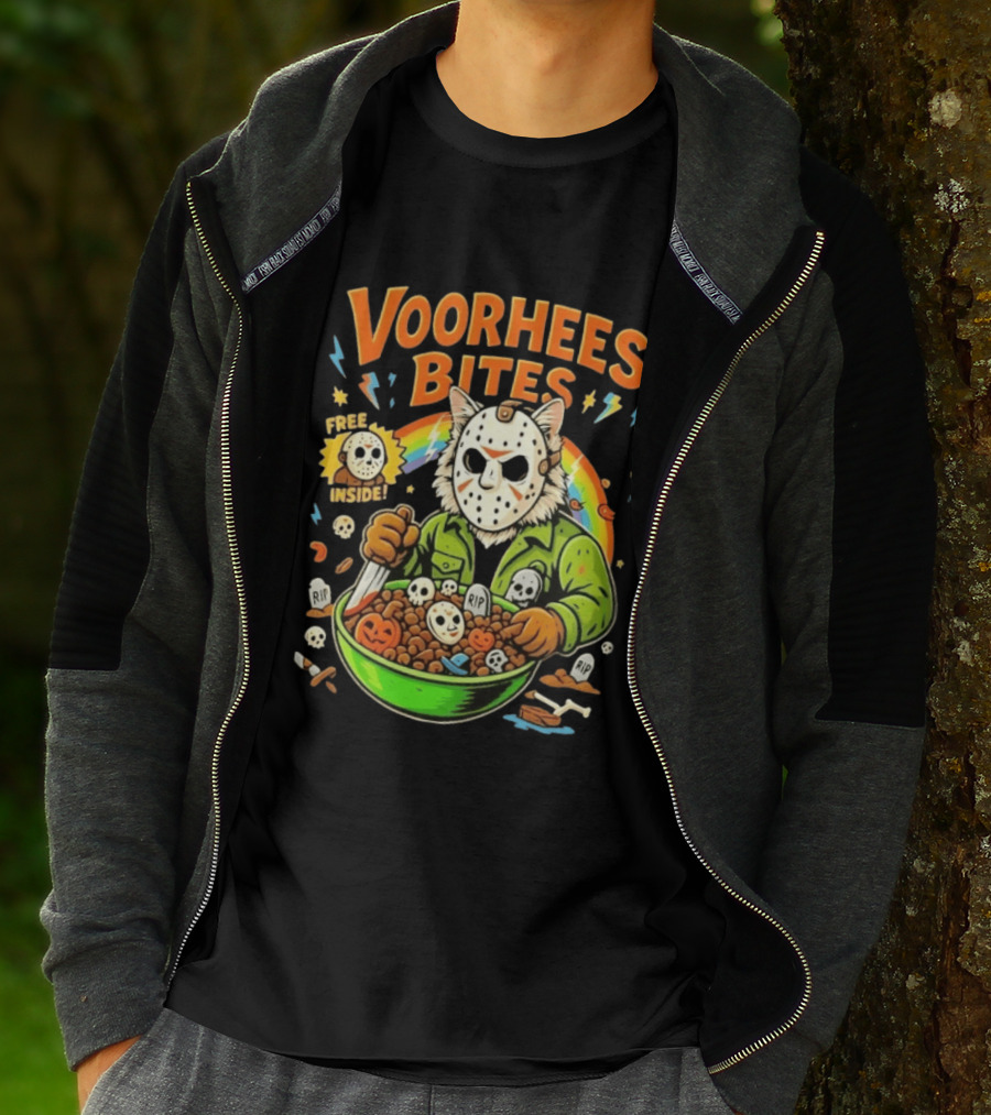 Voorhees Bites Jason Voorhees Cat Cereal Horror Mask Rainbow Feline Bowl Skeletons T-Shirt