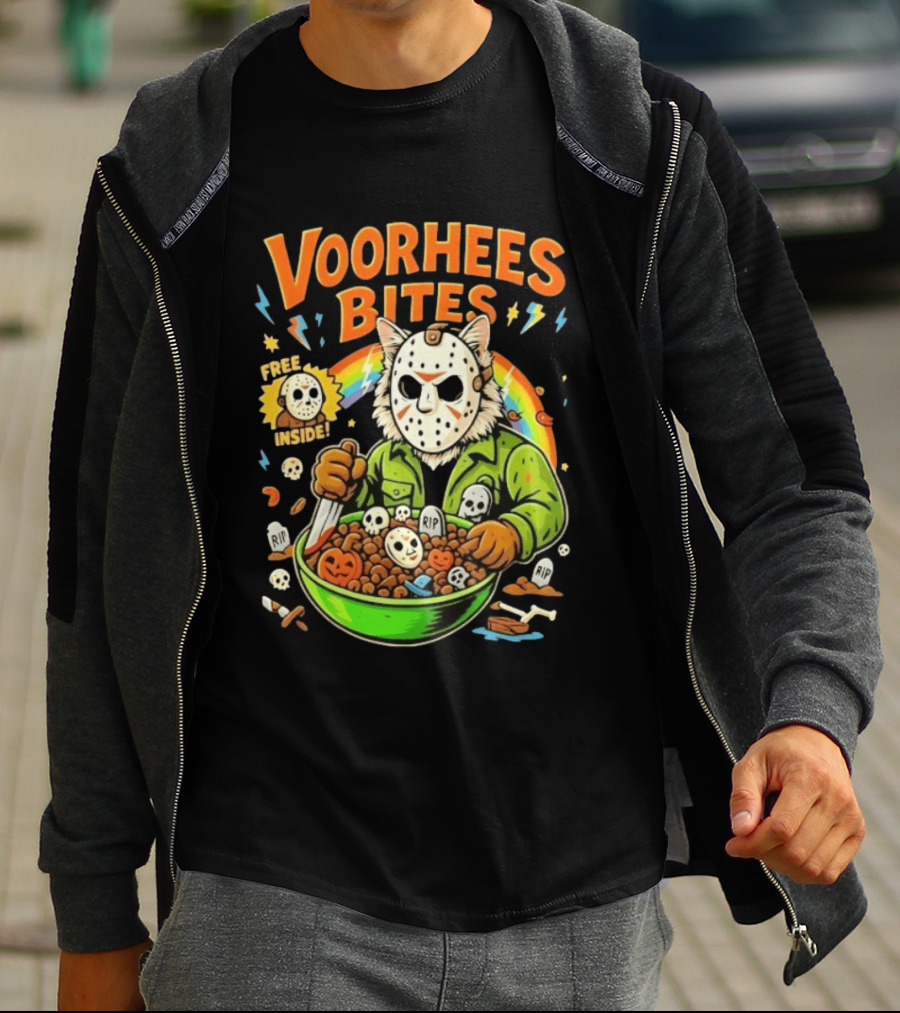 Voorhees Bites Jason Voorhees Cat Cereal Horror Mask Rainbow Feline Bowl Skeletons T-Shirt