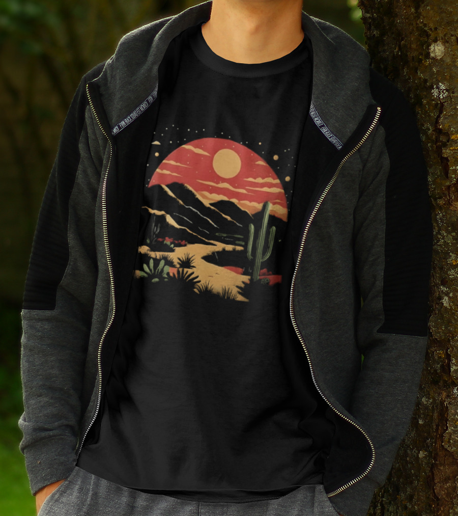 Sunset Sky Desert Saguaro Cactus Western Mountains Landscape Scene T-Shirt