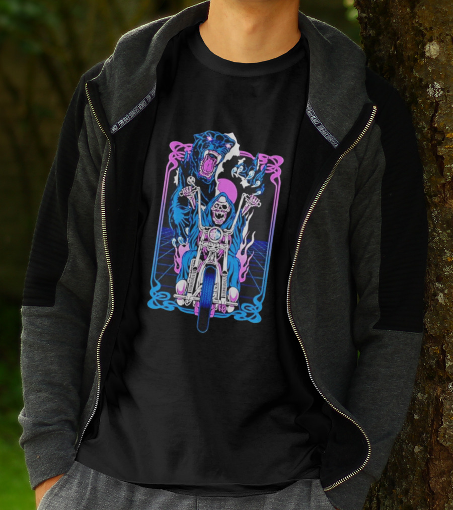 Grim Reaper Motorcycle Panther Retro Neon T-Shirt