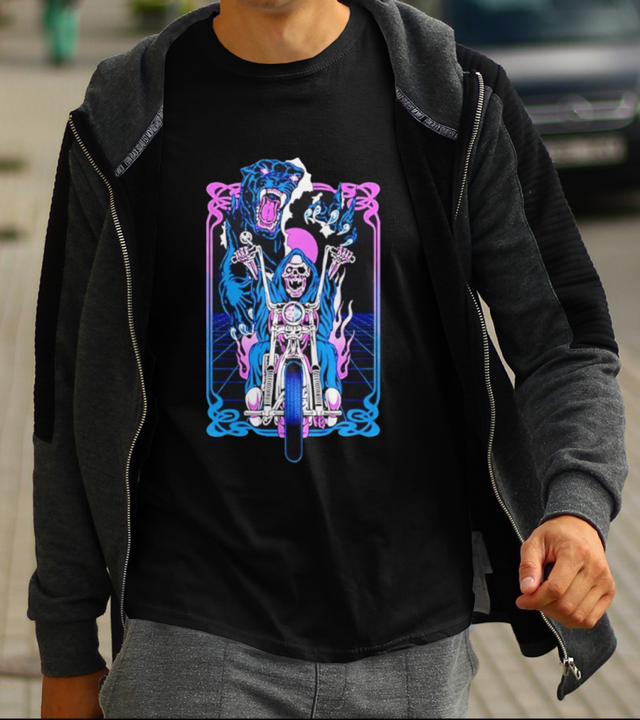 Grim Reaper Motorcycle Panther Retro Neon T-Shirt