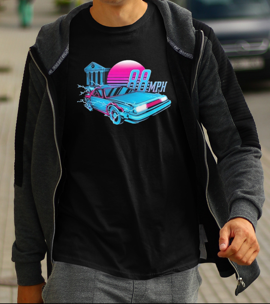 Back To The Future DeLorean 88 MPH Neon Style With Sunset And Tower T-Shirt