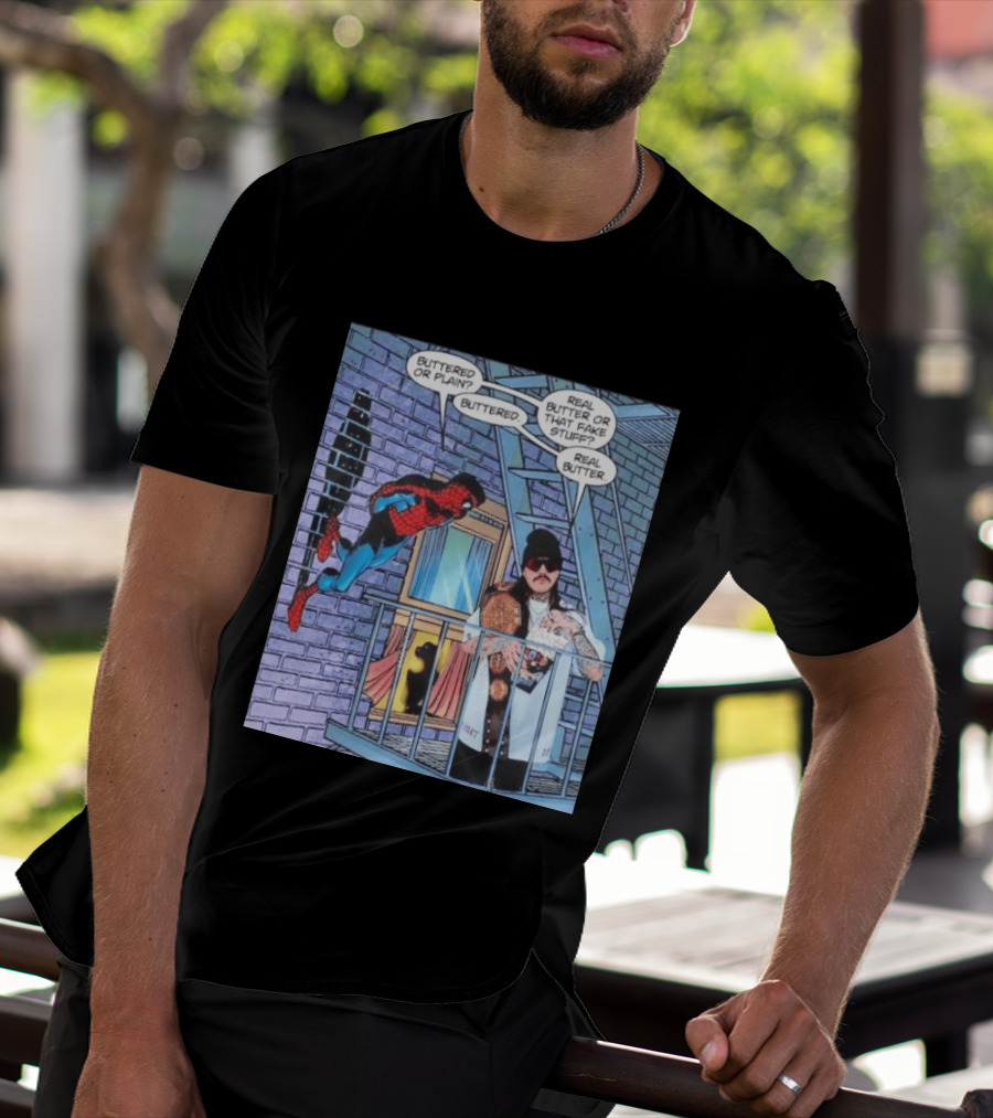 Spider Man Bret Hart Real Buttered Popcorn Balcony Scene T-Shirt