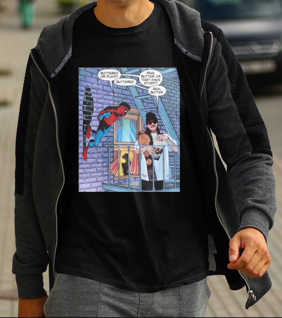 Spider Man Bret Hart Real Buttered Popcorn Balcony Scene T-Shirt