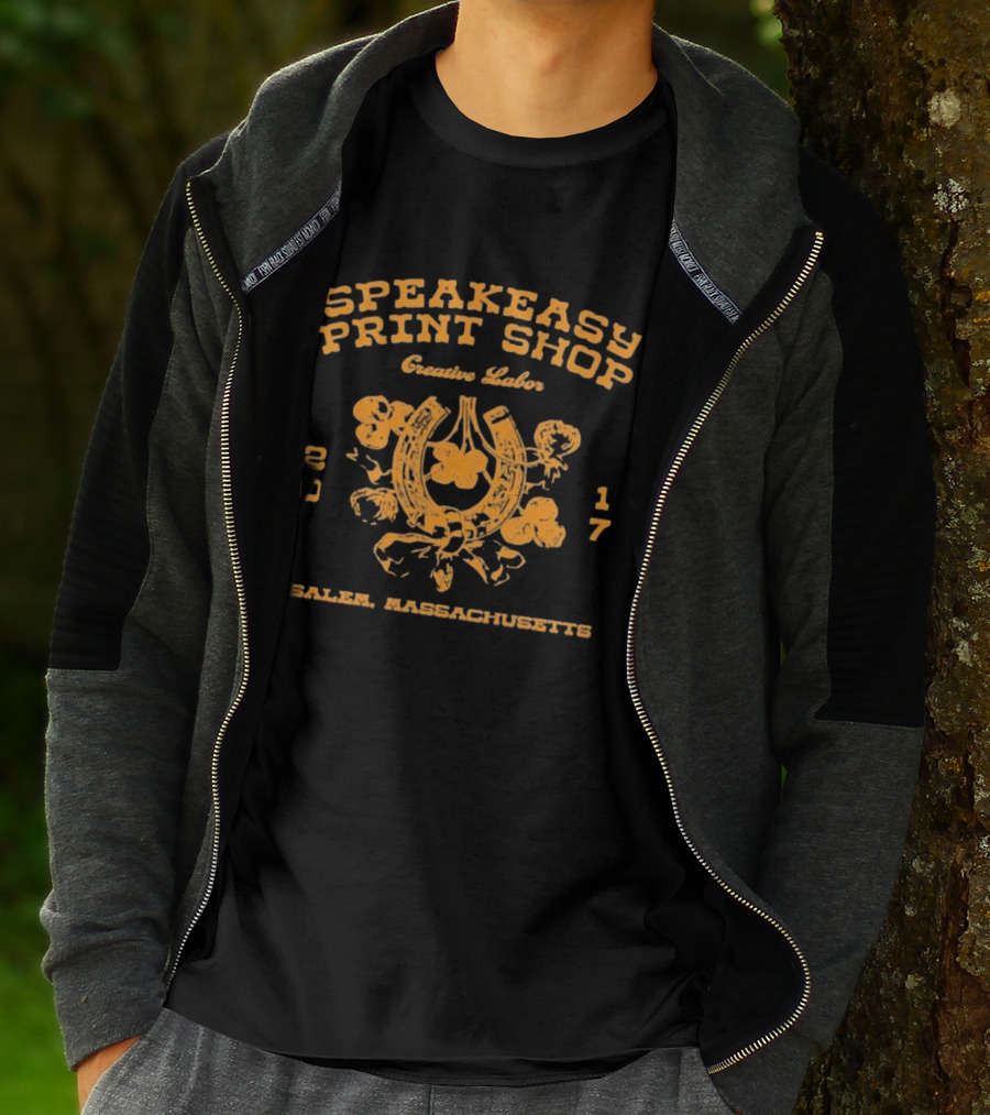 Speakeasy Print Shop Creative Labor Salem Massachusetts 2017 Horseshoe Floral T-Shirt