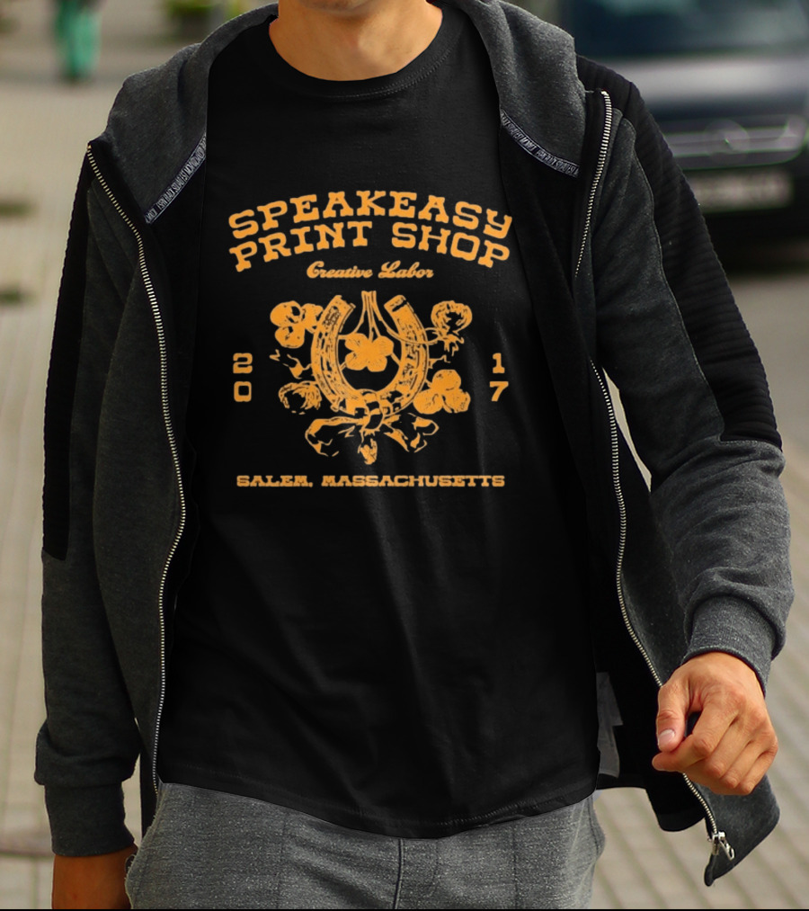 Speakeasy Print Shop Creative Labor Salem Massachusetts 2017 Horseshoe Floral T-Shirt