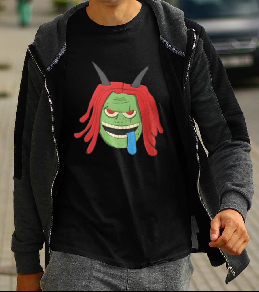 Trippie Redd Cartoon Green Devil Horns Red Hair Blue Tongue T-Shirt