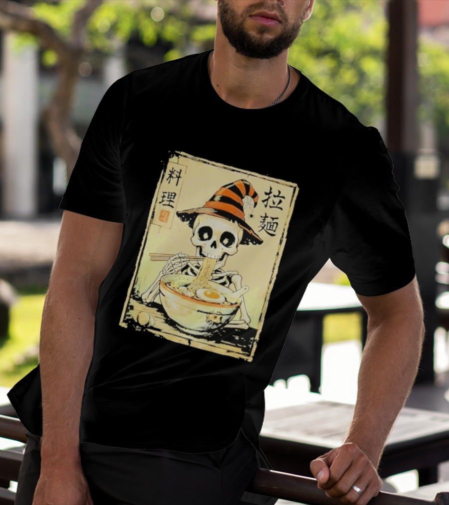 Witch Skeleton Eating Ramen With Japanese Kanji Characters T-Shirt