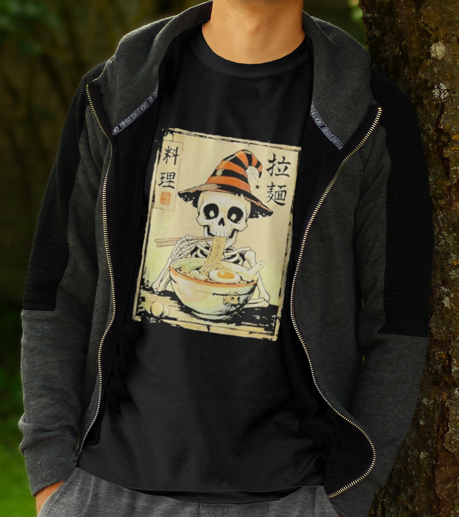 Witch Skeleton Eating Ramen With Japanese Kanji Characters T-Shirt