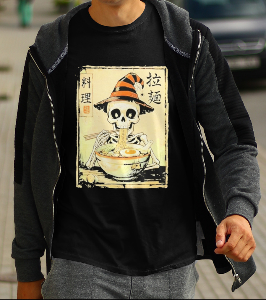 Witch Skeleton Eating Ramen With Japanese Kanji Characters T-Shirt