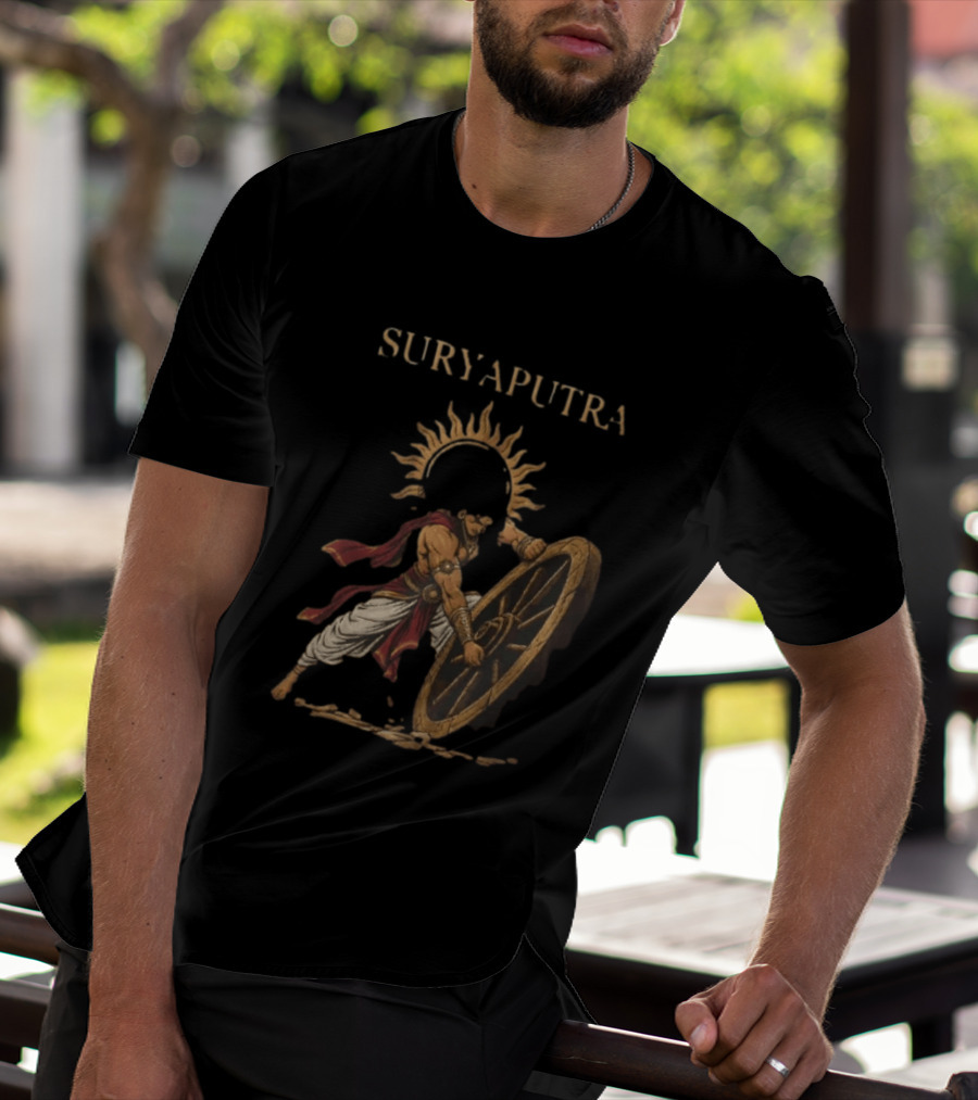 Karna Suryaputra Mahabharata Warrior Lifting Wooden Chariot Wheel With Sun Halo T-Shirt