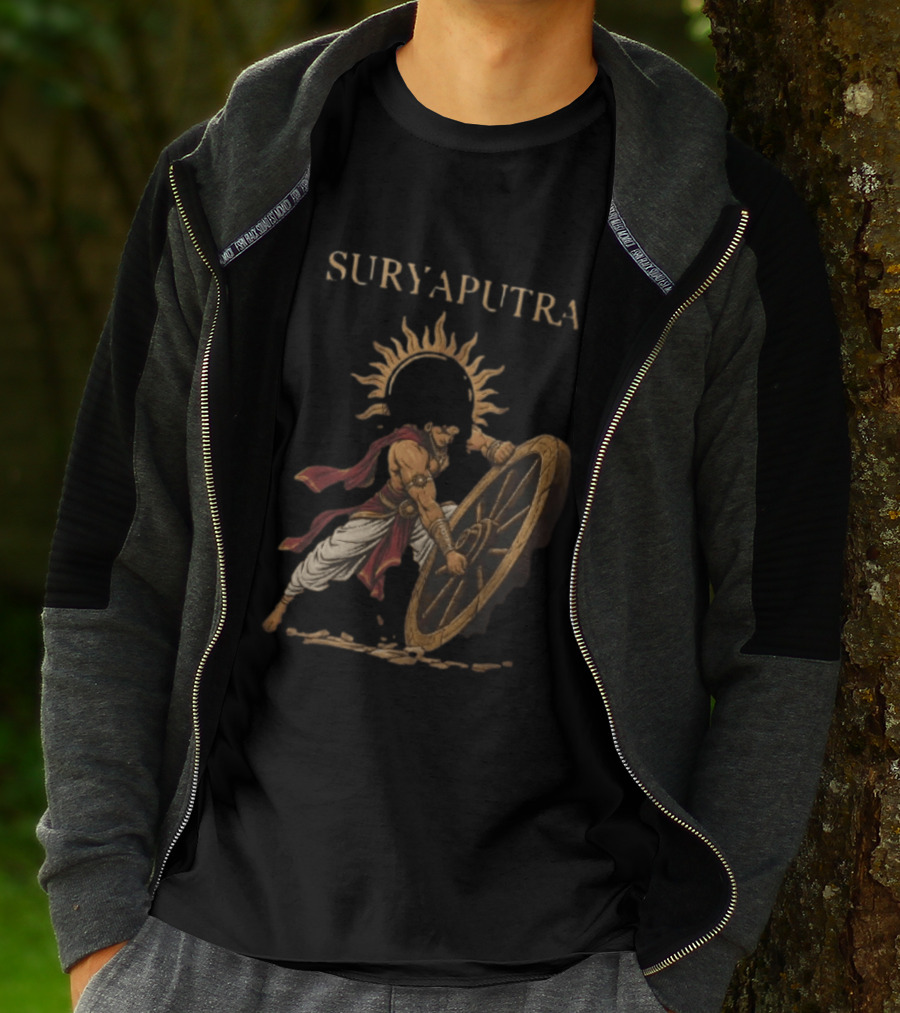 Karna Suryaputra Mahabharata Warrior Lifting Wooden Chariot Wheel With Sun Halo T-Shirt