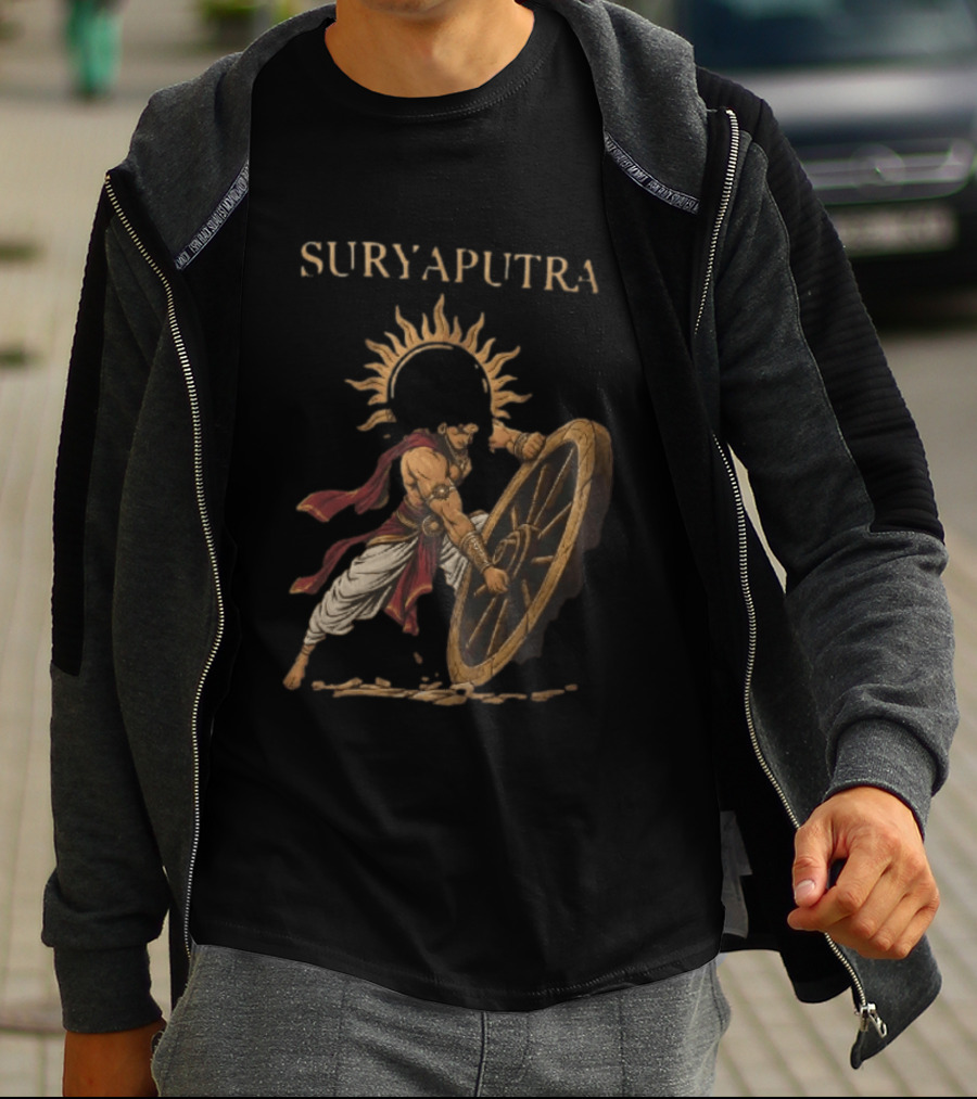 Karna Suryaputra Mahabharata Warrior Lifting Wooden Chariot Wheel With Sun Halo T-Shirt