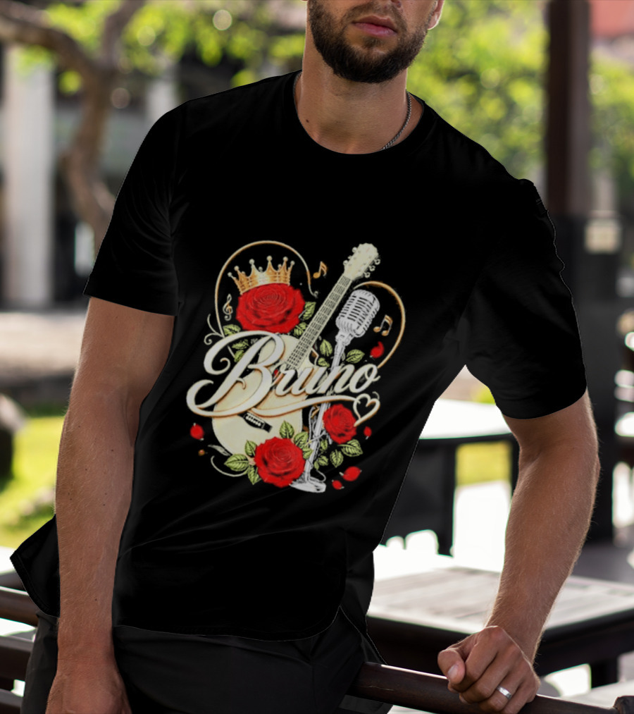 Bruno Rose Crown Guitar And Microphone With Music Notes T-Shirt