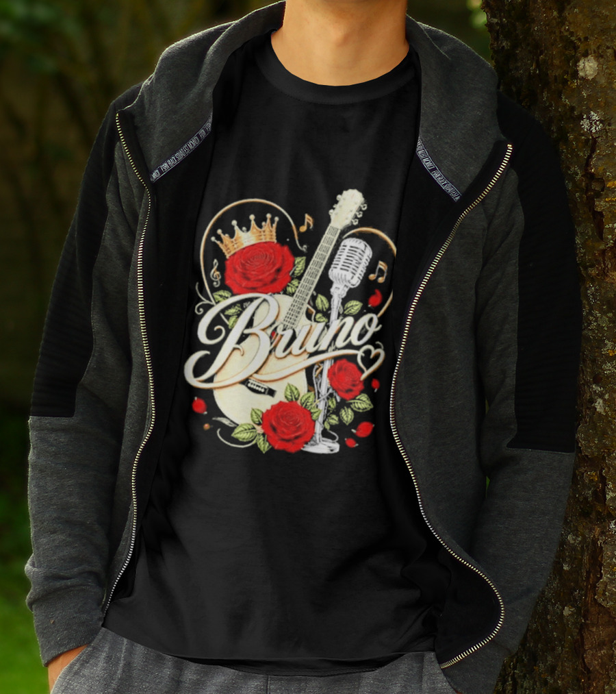 Bruno Rose Crown Guitar And Microphone With Music Notes T-Shirt