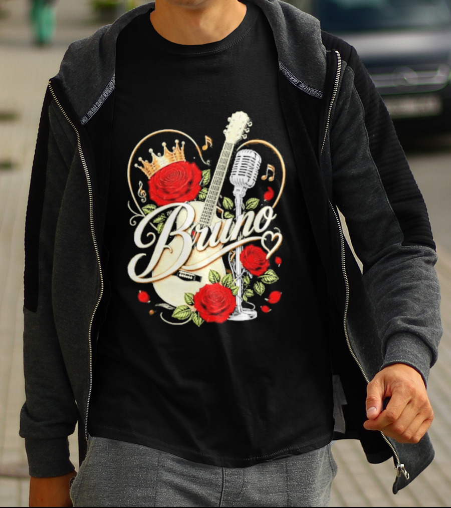 Bruno Rose Crown Guitar And Microphone With Music Notes T-Shirt