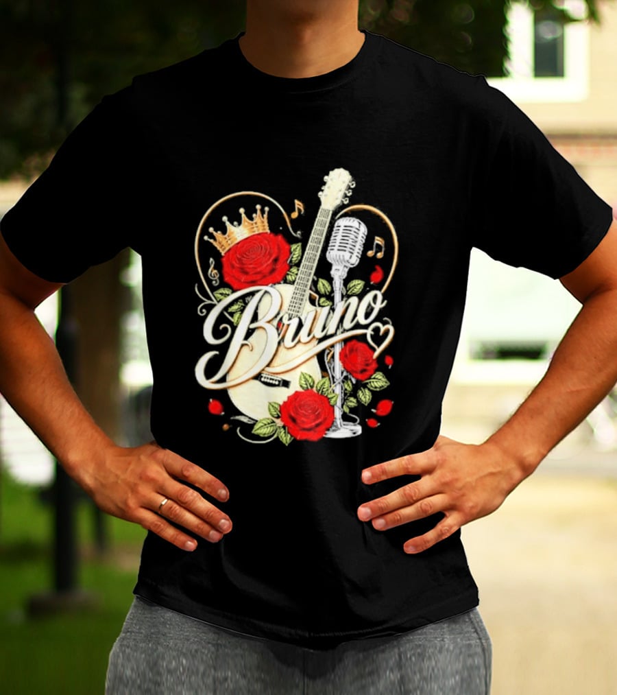 Bruno Rose Crown Guitar And Microphone With Music Notes T-Shirt