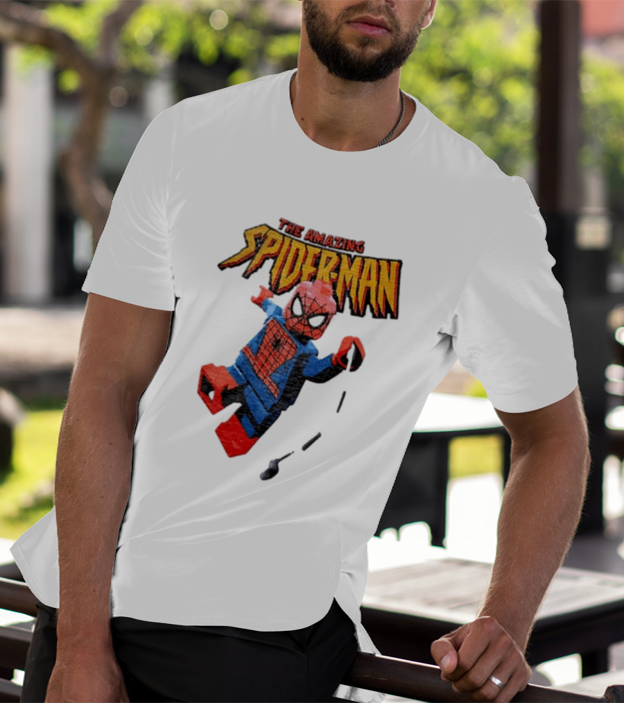 Spider Man The Amazing Lego Minifigure Swinging On Web Iconic Marvel Hero T-Shirt