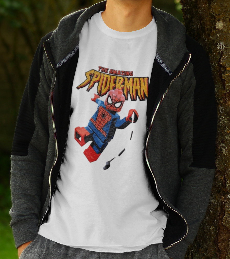Spider Man The Amazing Lego Minifigure Swinging On Web Iconic Marvel Hero T-Shirt
