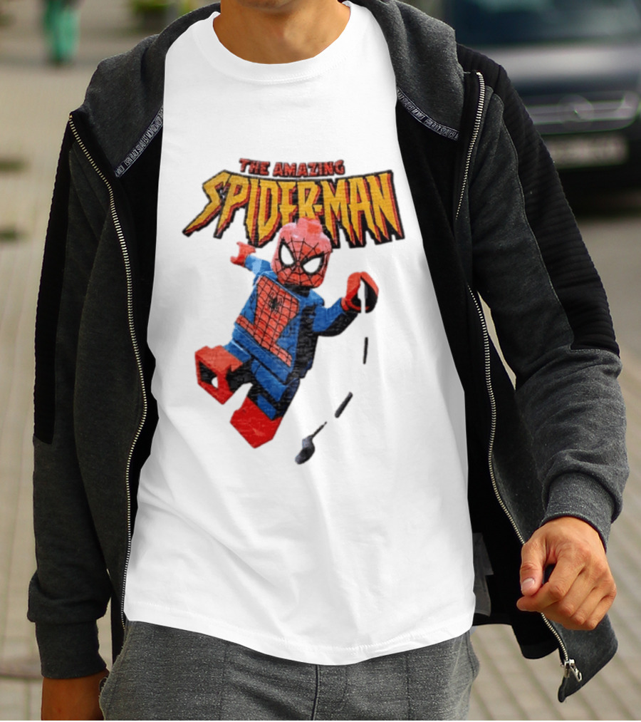 Spider Man The Amazing Lego Minifigure Swinging On Web Iconic Marvel Hero T-Shirt