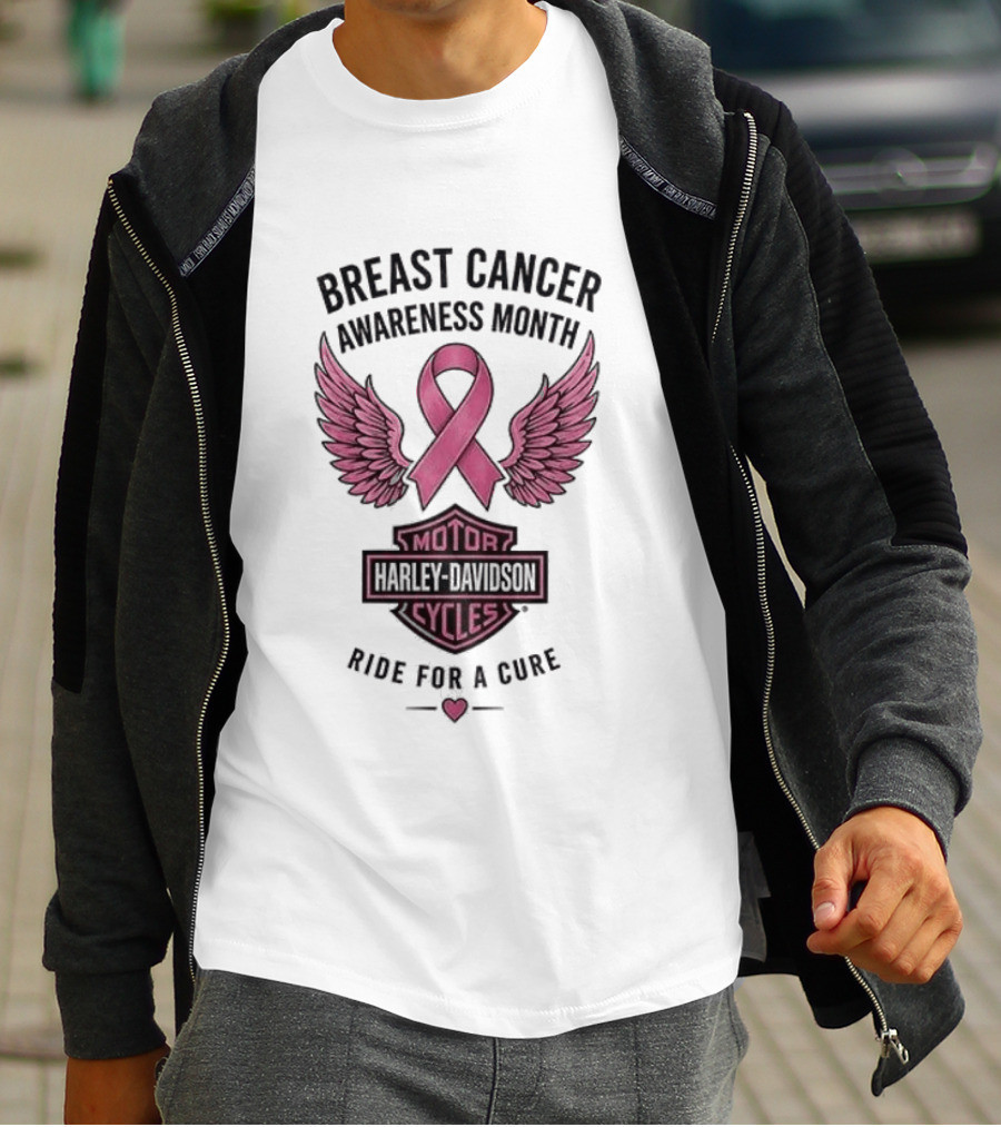 Breast Cancer Awareness Month Harley Davidson Motor Cycles Pink Ribbon Ride For A Cure T-Shirt