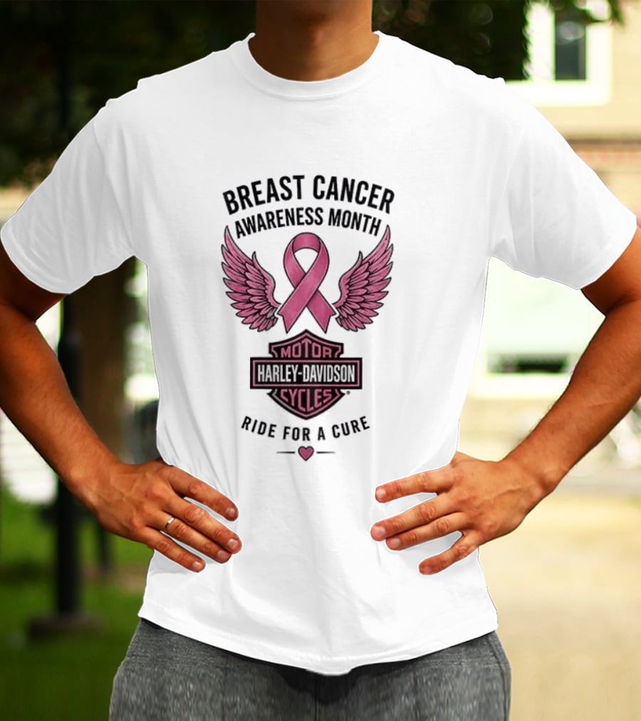 Breast Cancer Awareness Month Harley Davidson Motor Cycles Pink Ribbon Ride For A Cure T-Shirt