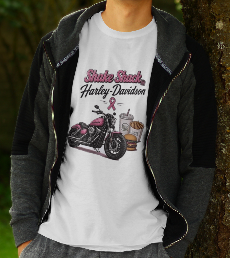 Shake Shack Harley Davidson Pink Ribbon Burger Fries Breast Cancer Awareness Month T-Shirt