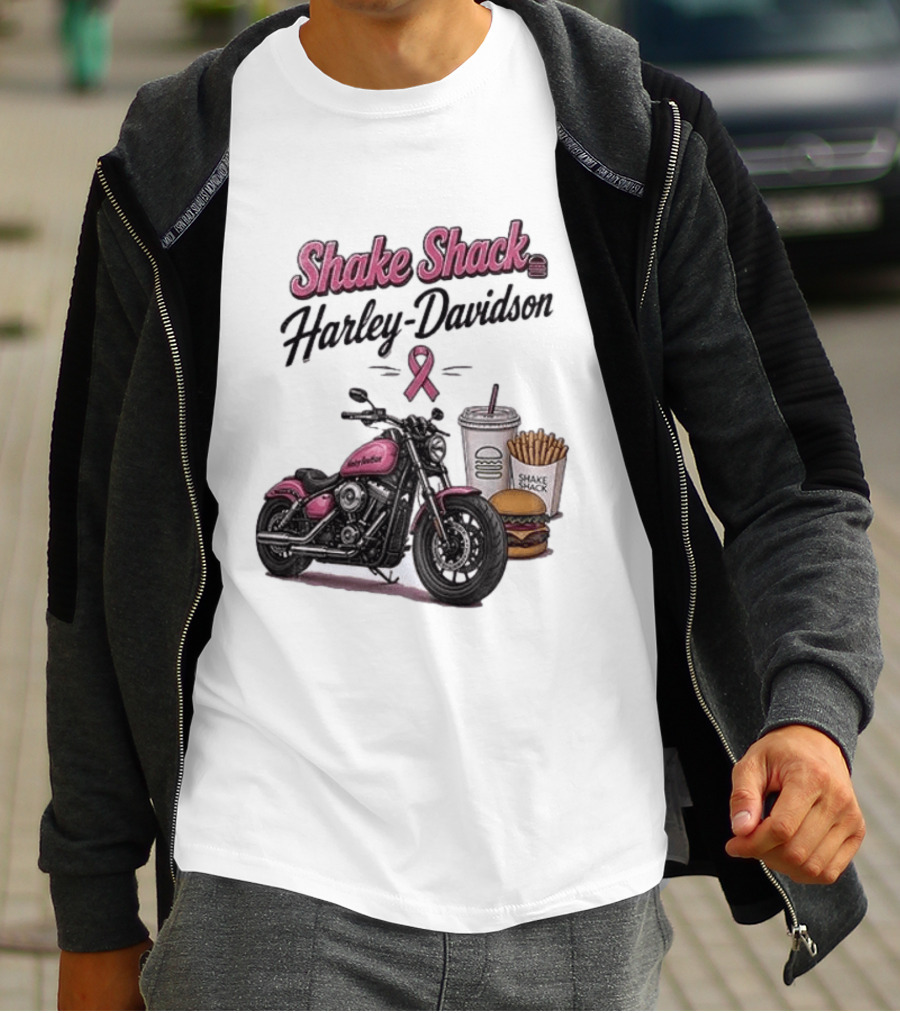 Shake Shack Harley Davidson Pink Ribbon Burger Fries Breast Cancer Awareness Month T-Shirt