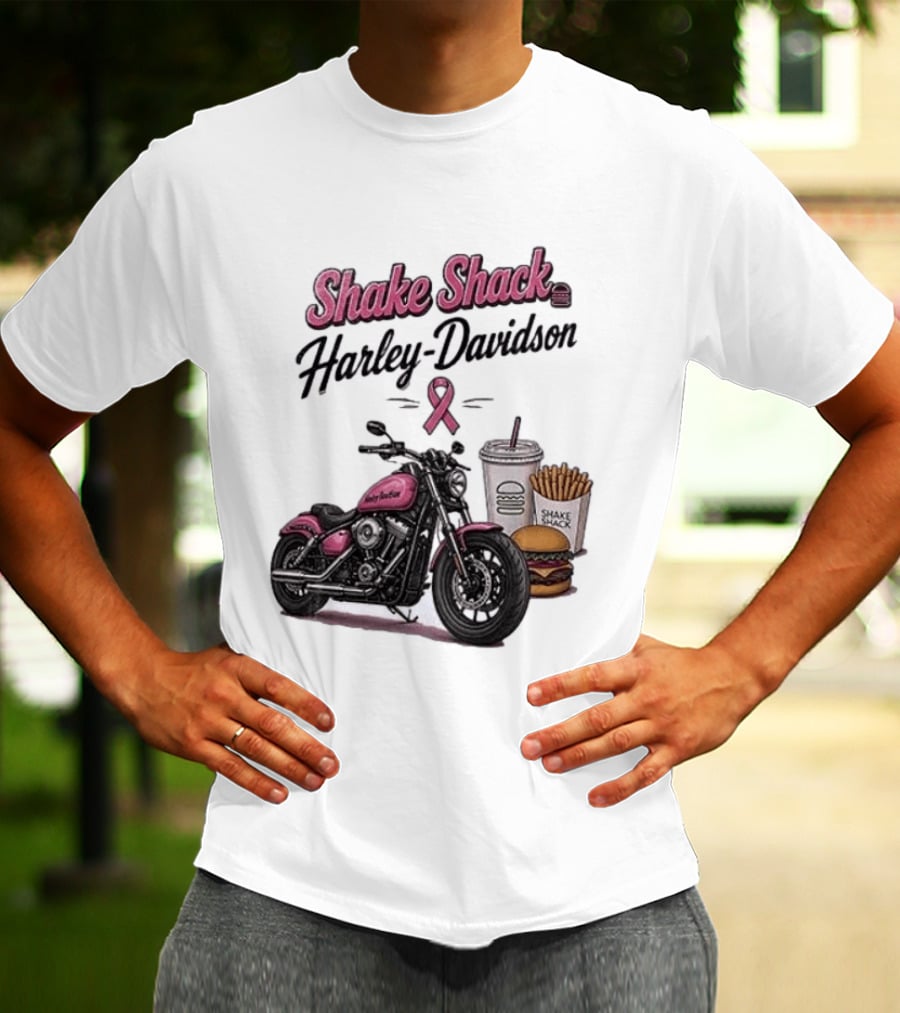 Shake Shack Harley Davidson Pink Ribbon Burger Fries Breast Cancer Awareness Month T-Shirt