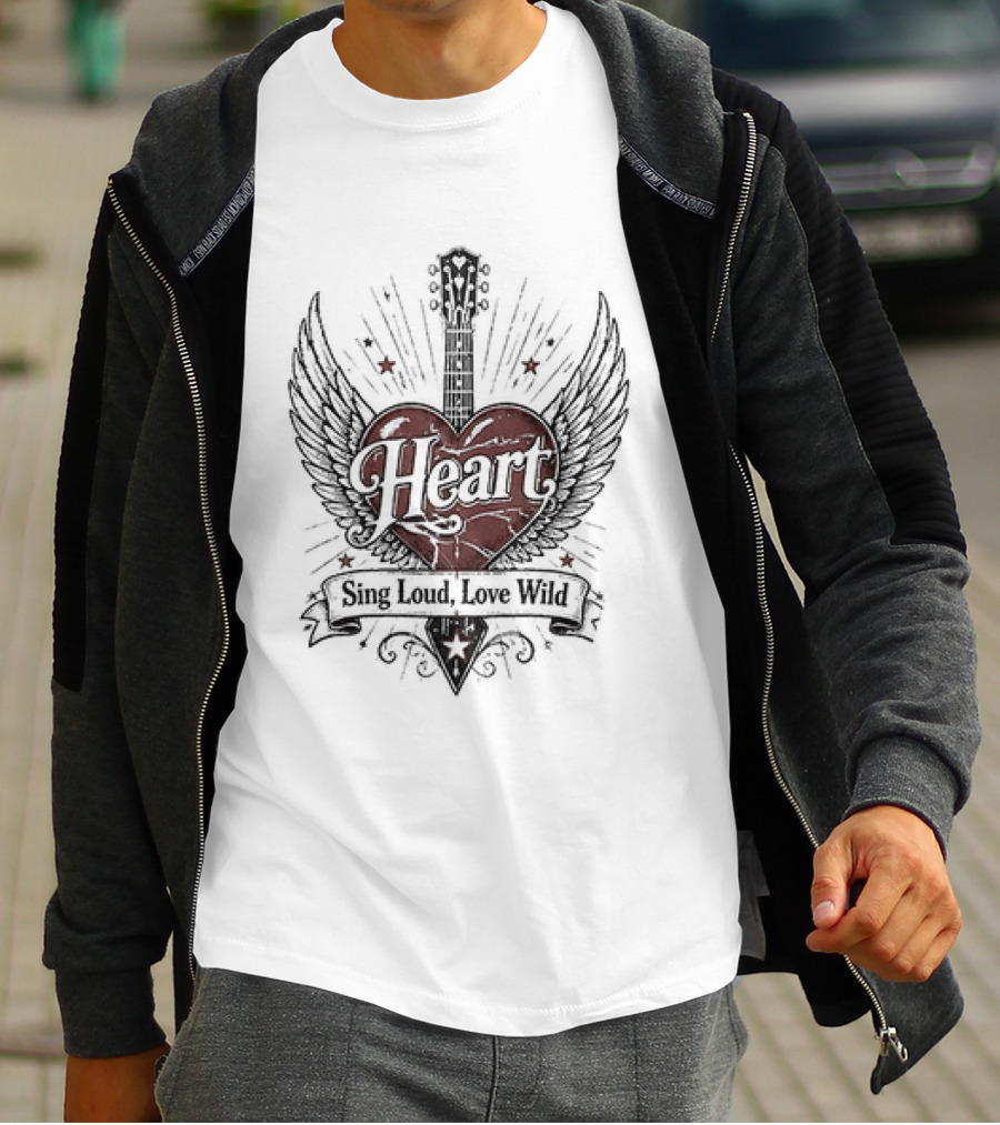 Heart Sing Loud Love Wild Wings Guitar T-Shirt