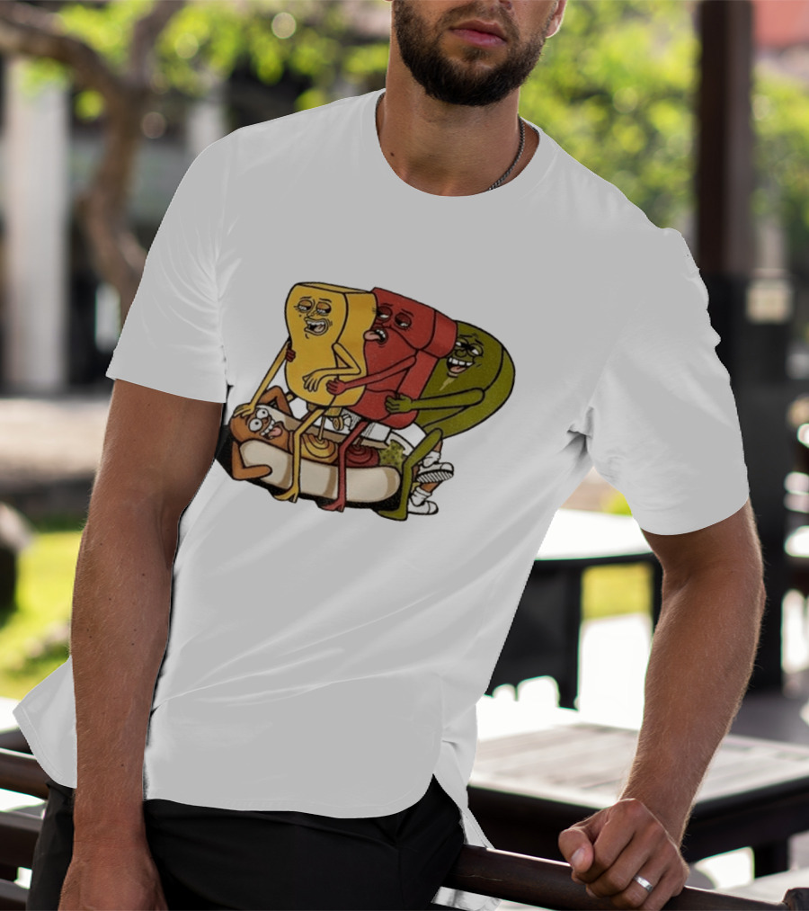 Hot Dog Topped With Mustard Ketchup And Relish Cartoon Characters T-Shirt