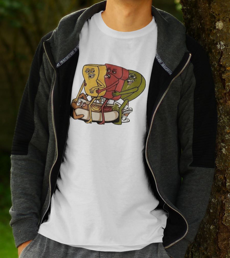 Hot Dog Topped With Mustard Ketchup And Relish Cartoon Characters T-Shirt