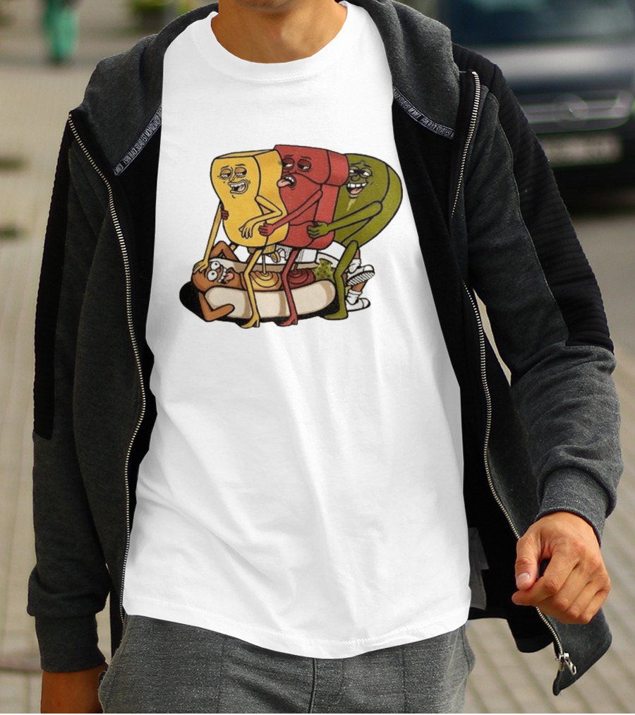 Hot Dog Topped With Mustard Ketchup And Relish Cartoon Characters T-Shirt