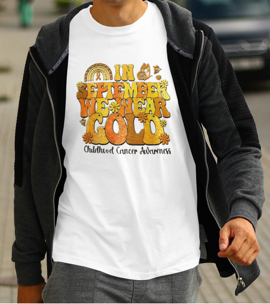 In September We Wear Gold Childhood Cancer Awareness Groovy Rainbow Butterfly Flower Motif T-Shirt