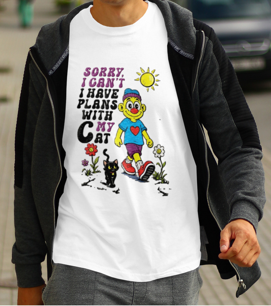 Sorry I Can't I Have Plans With My Cat Cartoon Yellow Figure Walking Sunflowers T-Shirt