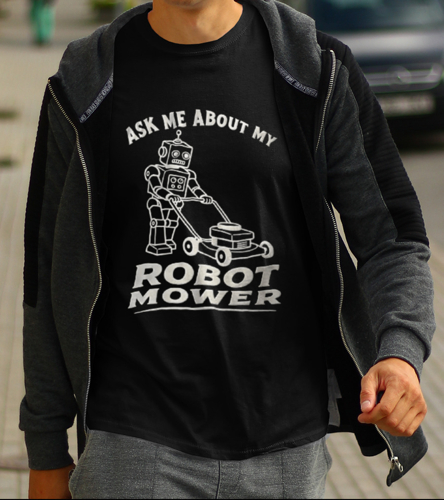 Ask Me About My Robot Mower Vintage Robot Pushing Lawnmower T-Shirt