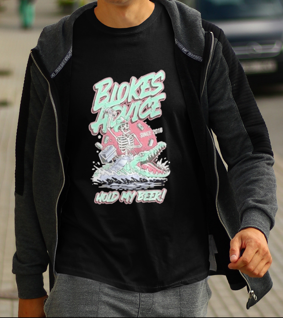 Blokes Advice Since 2016 Hold My Beer Skeleton Riding Alligator T-Shirt