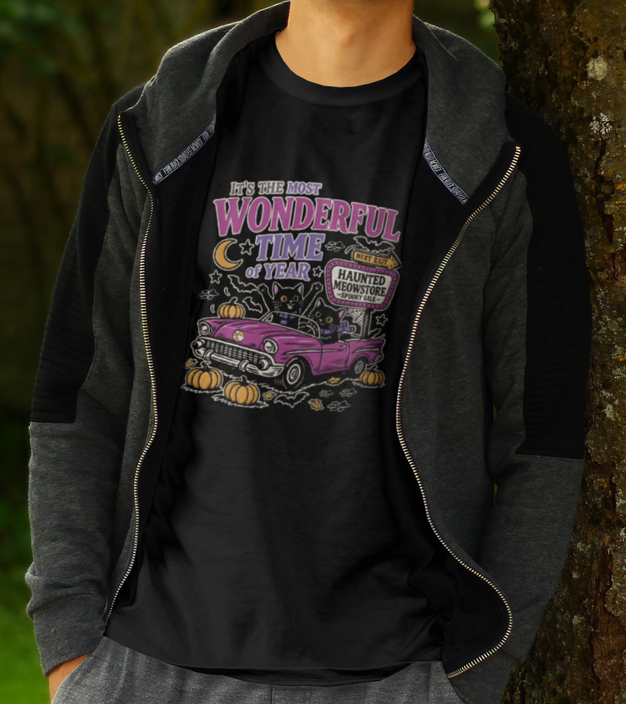 The Most Wonderful Time Of Year Halloween Cat And Pumpkins Retro Car T-Shirt
