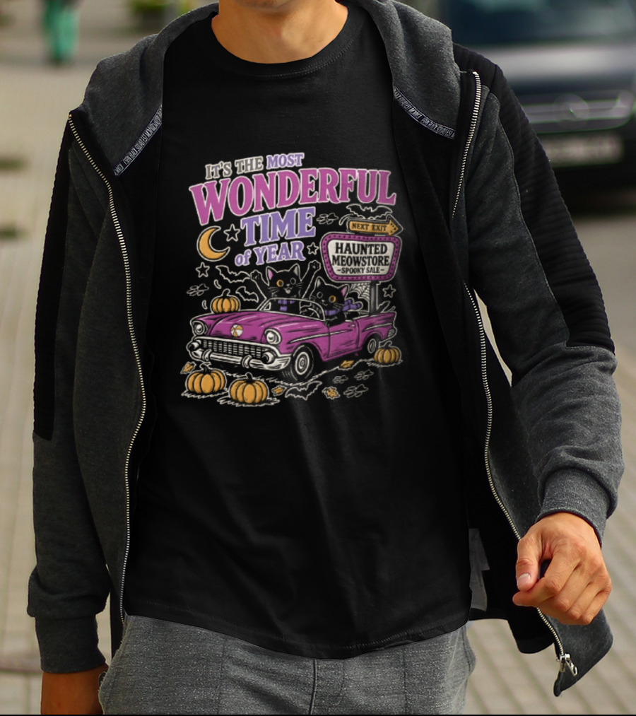 The Most Wonderful Time Of Year Halloween Cat And Pumpkins Retro Car T-Shirt